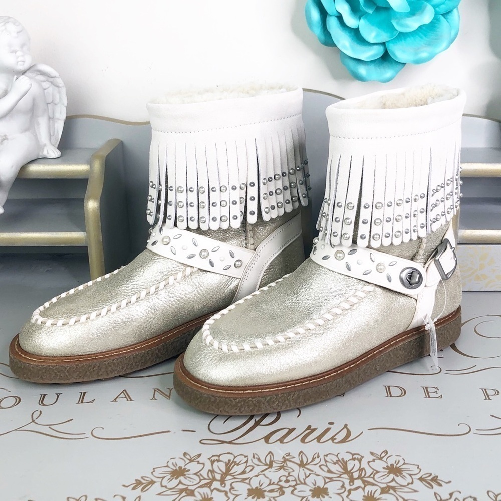 Coach gold metallic leather fringed boots